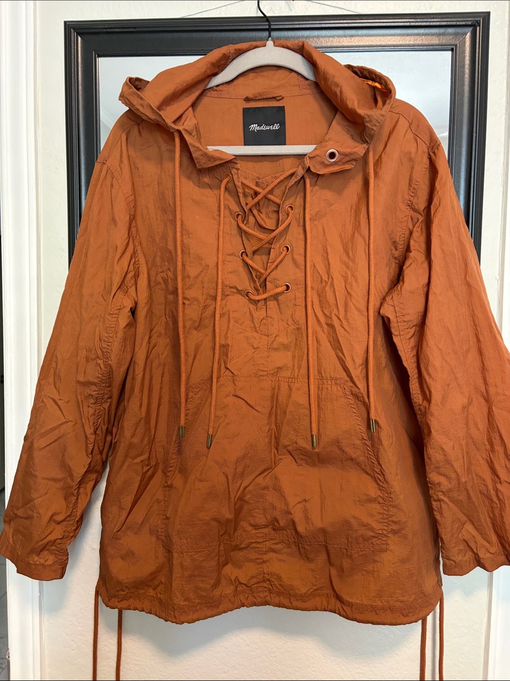 Madewell Burnt Orange Lace-Up Hooded Pullover rain jacket